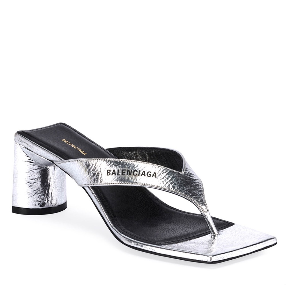 Balenciaga silver metallic thong sandal with heel